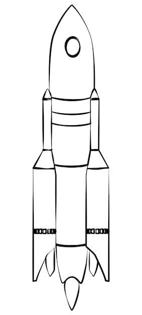 Black outline space rocket with flame from nozzles isolated on white design element