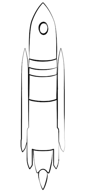 Черный контур космического корабля с пламенем, изолированным на белом Элемент дизайна