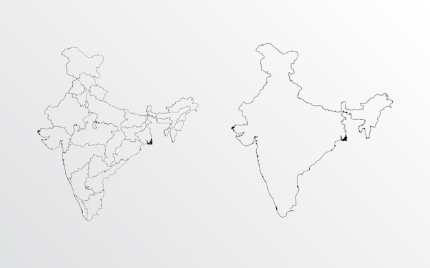 Vector black outline vector map of india with regions on white background