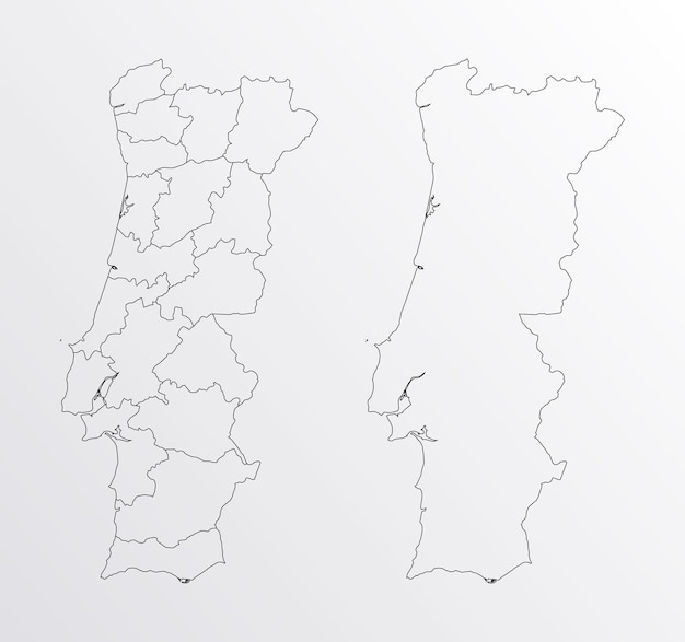 Black Outline vector Map of Portugal with regions on white background