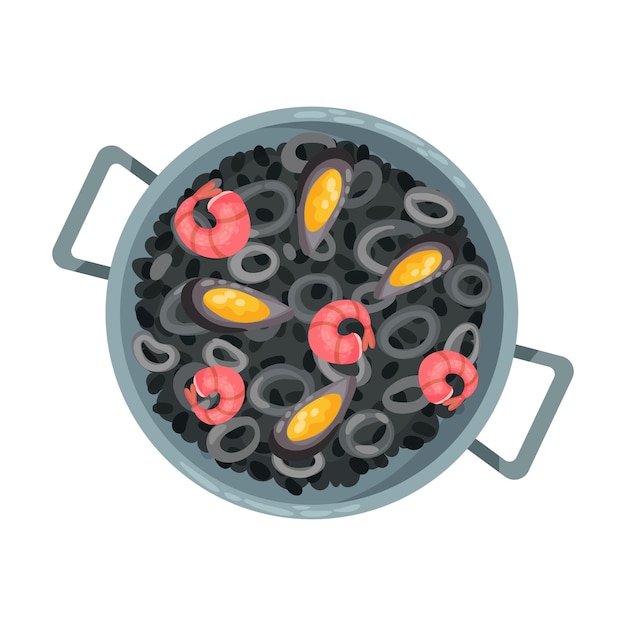 Вектор black paella with seafood as spanish cuisine dish served on plate vector illustration