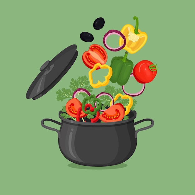 Vector black pan with boiling water and vegetables