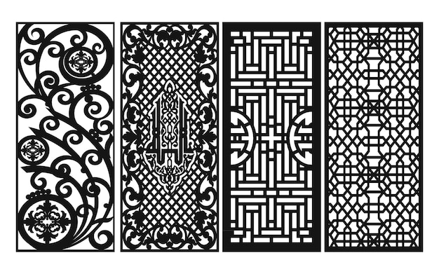 Black patterns with white background, Islamic vectors with floral panels for CNC laser cutting