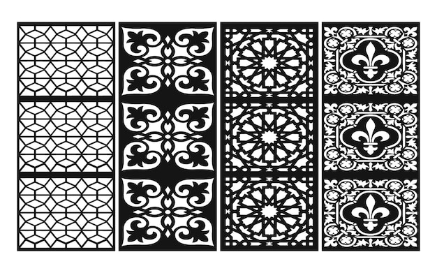 흰색 배경이 있는 검정 패턴, CNC 레이저 절단을 위한 꽃무늬 패널이 있는 이슬람 벡터