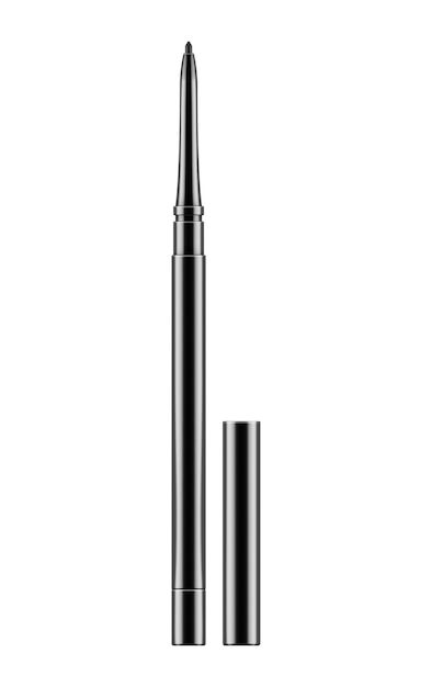 Vettore matita nera per occhi eyeliner realistico con cappuccio rivestimento decorativo del prodotto cosmetico per un bellissimo trucco illustrazione vettoriale isolata su sfondo bianco