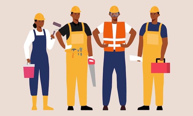 Vector black people construction team cartoon character illustration