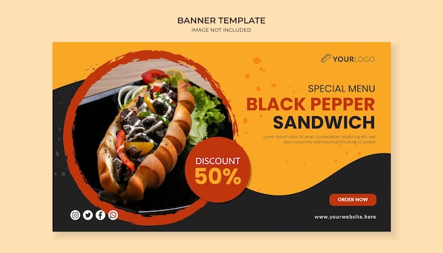 ファーストフードレストランの黒胡椒サンドイッチバナーテンプレート