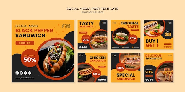 Modello di post instagram social media sandwich al pepe nero