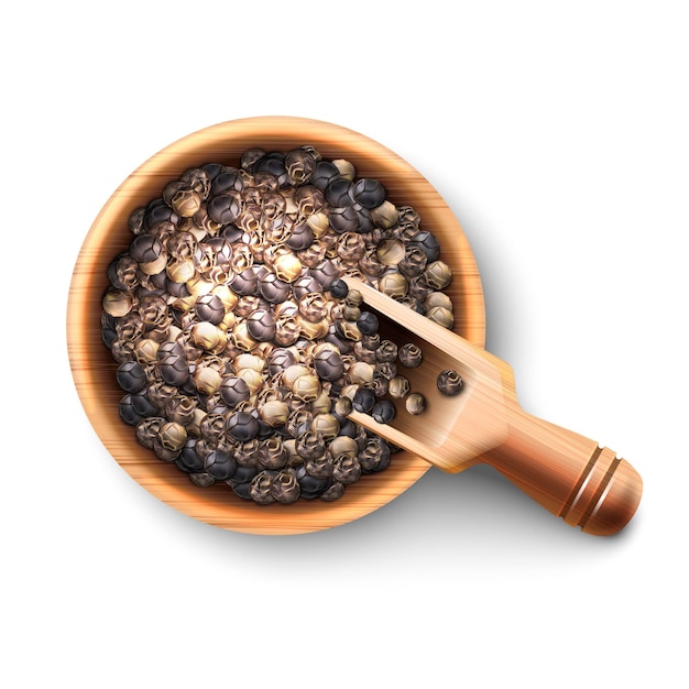  black pepper in a wooden bowl with a wooden spoon. Isolated on white background.