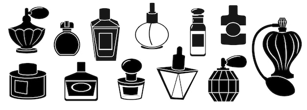 Vettore bottiglie di profumo nere bottiglie di colonia maschili eleganti astratte spruzzatore di profumo femminile di lusso set di colonie vettoriali di silhouette nera bottiglia di profumo illustrazione