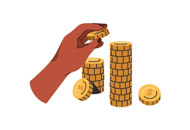 Black person counts golden coins in piles Human hands with finance heaps of metal cash money Financial literacy currency savings economy Flat isolated vector illustration on white background