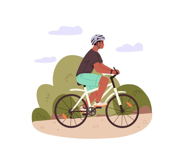 black person in safety helmet cycling bicyclist rides a bike side view happy cyclist training in park young man biker drives by bicycle flat isolated vector illustration on white background