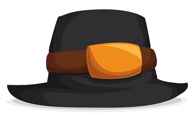 Vettore cappello da pellegrino nero con fascia in pelle e secchio dorato in stile cartoon isolato su sfondo bianco