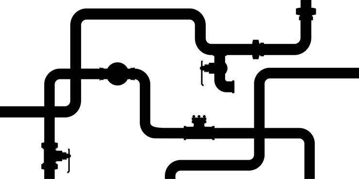 Black pipeline illustration with various pipes joints and valves on a white background