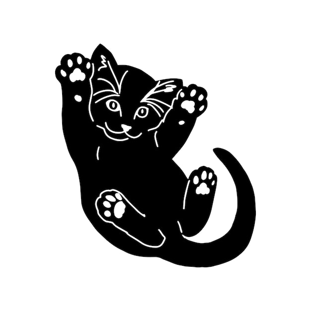 Black playful cat silhouette isolated on white background Cute kitty Print design for tshirts stickers souvenirs humorous animals Flat style in vector illustration