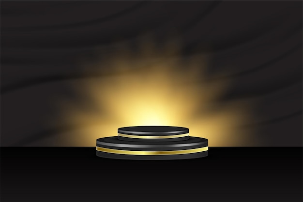 Black podium on a black background golden halos and flashing lights