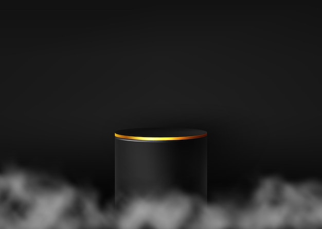 Vector black podium with gold glitter on a dark background. empty cylindrical plinth for product demonstration surrounded by smoke or fog, stage with platform vector mockup.