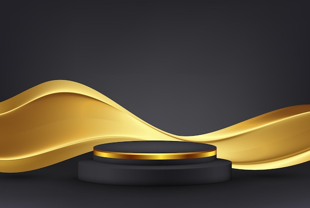 Black podium with golden line Cylindrical golden and black podium with abstract golden wave on black background 3D scene for product demonstration