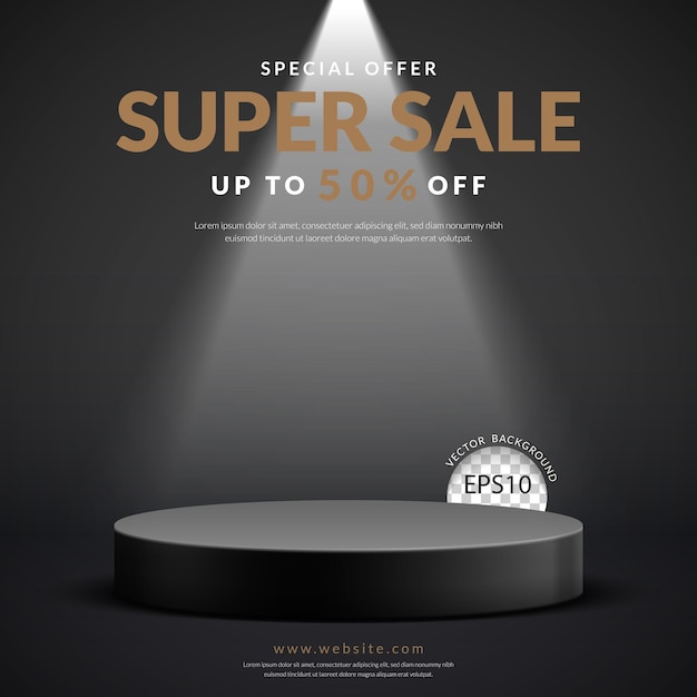 Black podium with spotlight on black background Vector illustration