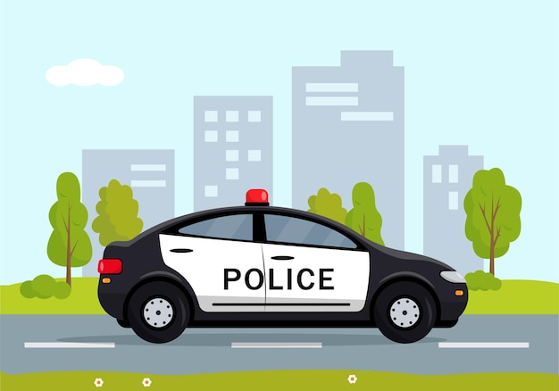 Black police car in the city. cop, police officer auto, policeman patrol automobile