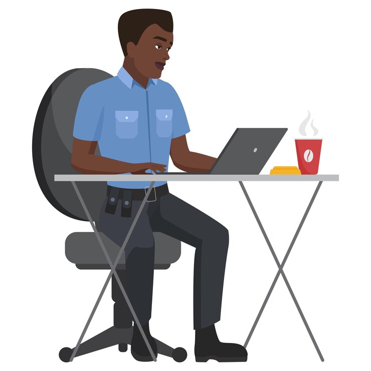 Vector black policeman officer working at table