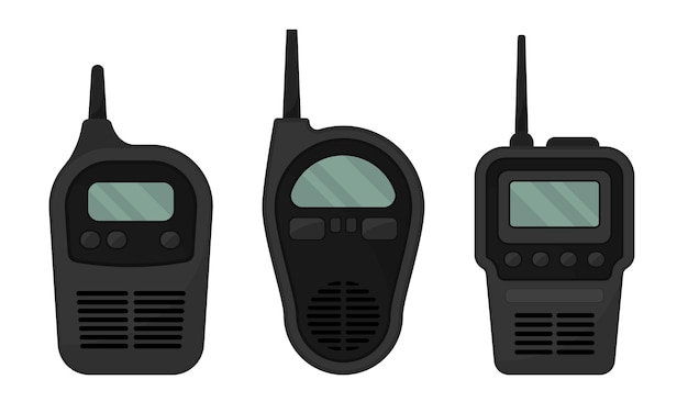 Black Portable Radio Device or Walkie Talkie with Antenna Vector Set