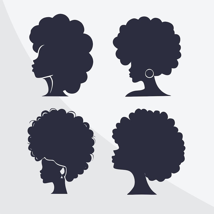 Vector black power hair woman silhouette vector drawing set