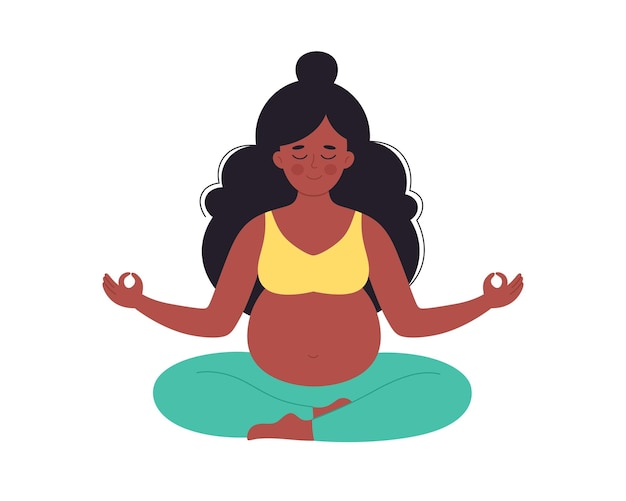 Black pregnant woman meditating in lotus pose Healthy pregnancy yoga breathing