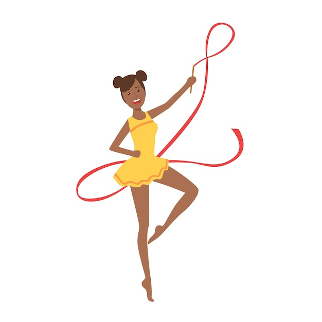 Black Professional Rhythmic Gymnastics Sportswoman In Yellow Leotard Performing An Element With Ribbon Apparatus