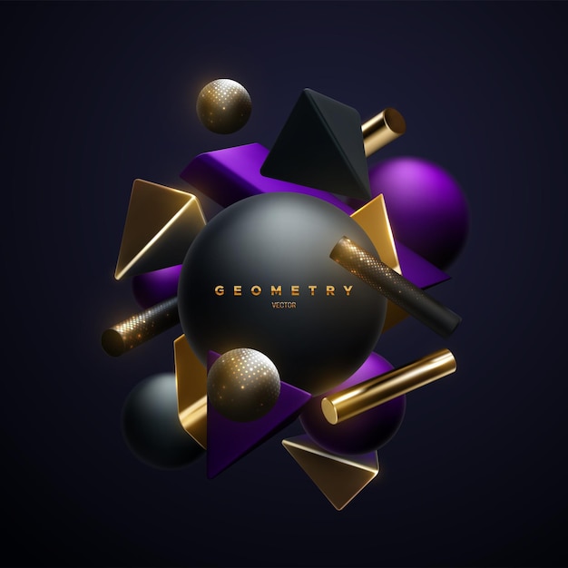 Black purple and golden geometric shapes cluster abstract elegant composition