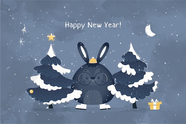 Black rabbit in the snowy winter forest. Christmas tree. Symbol of New Year 2023. Greeting card.