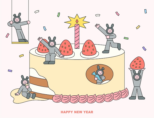 Black rabbits, the symbol of 2023, are making a huge celebration cake.