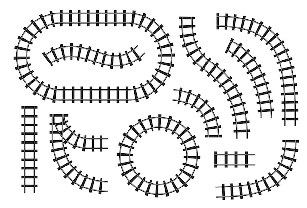 검은 레일 만화 기차와 지하철 철도 난간과 침목이 있는 트램 철도 트랙 실루엣 지하철 경로 생성자 직선 및 회전 도로 부품 벡터 격리된 그래픽 요소 세트