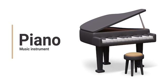 black realistic piano with stool oversized professional musical keyboard instrument