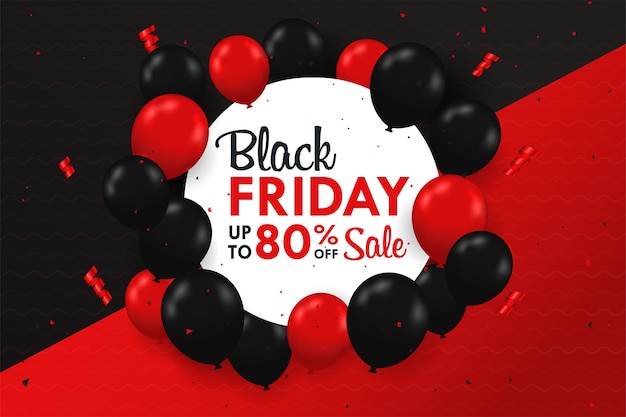 Black and red balloons floating on the side of the text box blackfriday sale festive special.