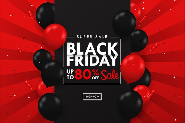 Black and red balloons floating on the side of the text box BlackFriday sale festive special.