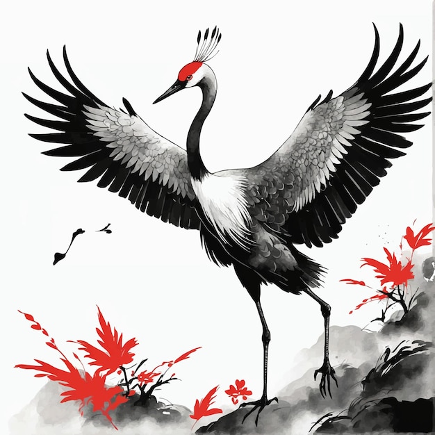 Vector black and red ink chinese style crane