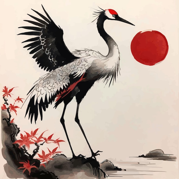 Vector black and red ink chinese style crane