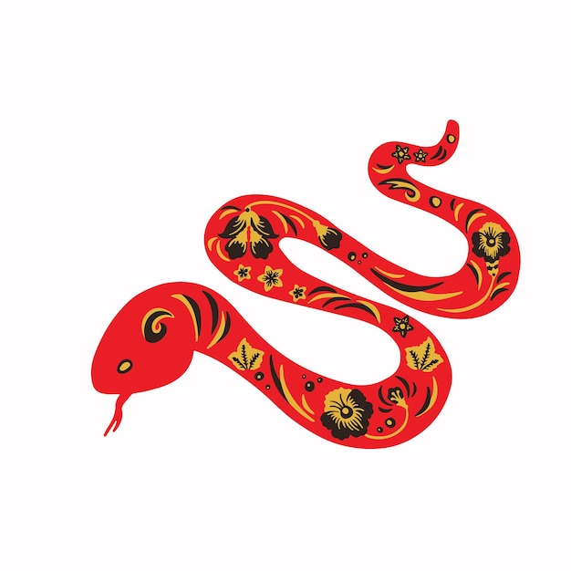 Black and red Khokhloma painting snake viper boho vintage illustration