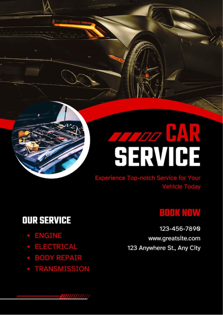 Vector black and red modern car repair service flyer