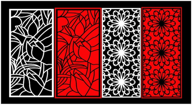 さまざまな形と色のパターンを持つ黒と赤のパネル。