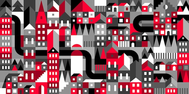 Black And Red And White Abstract Seamless Vector Bauhaus Geometric City Pattern Design Background Template