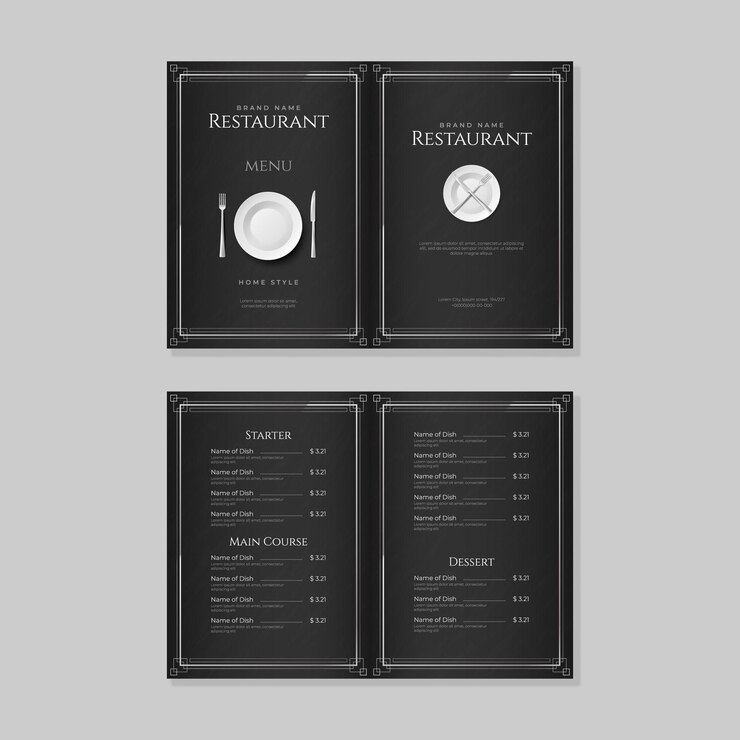 Vector black restaurant menu design cafe logo food flyer brochure cover meal presentation and price cutlery and tableware dinner serving paper pages set vector catering poster template