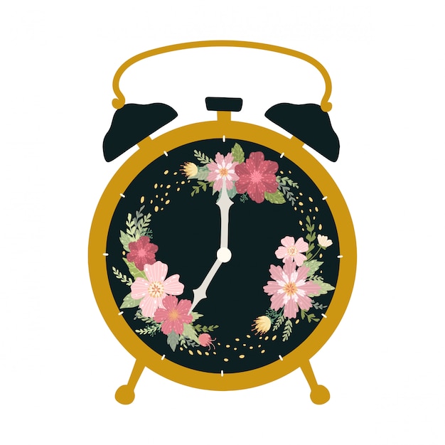 Vector black retro alarm clock with flowers isolated on white background.