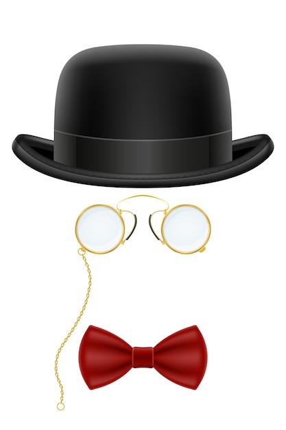 Vettore cappello a bombetta retrò nero con occhiali e farfallino illustrazione isolati su sfondo bianco