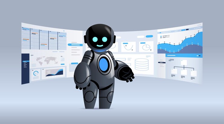 Vector black robot analyzing statistics financial data on virtual boards artificial intelligence technology 