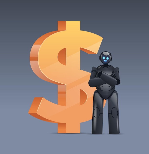 Black robot near dollar icon saving money and getting profit high income investment earning financial growth artificial intelligence