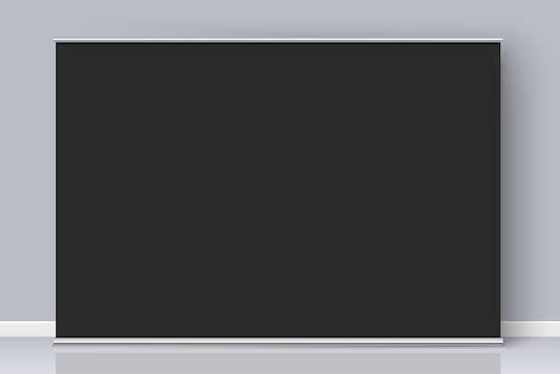 Черный рулонный баннер стенд реалистичный векторный макет, стоящий на фоне серой стены