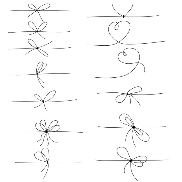 Vector black rope bow set. hand drawn vector illustration set.