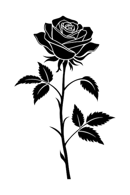 Black rose silhouette blooming on a white background detailed with stems leaves and thorns